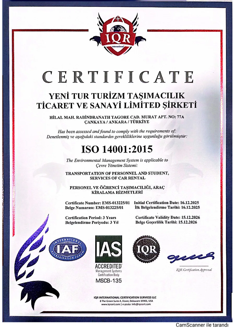 Yeni Tur ISO 14001:2015 Çevre Yönetim Sistemi belgesi