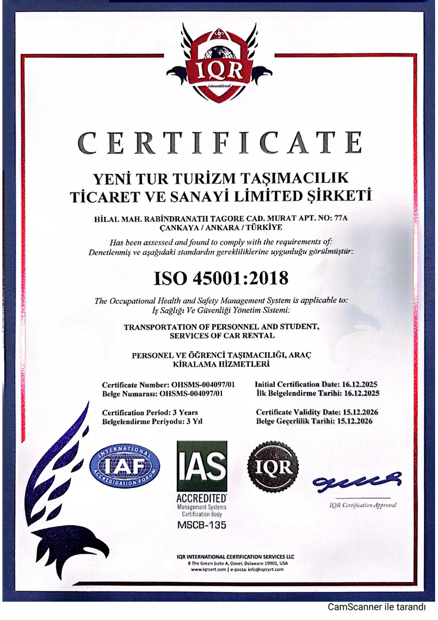 Yeni Tur ISO 45001:2018 İş Sağlığı ve Güvenliği Yönetim Sistemi belgesi