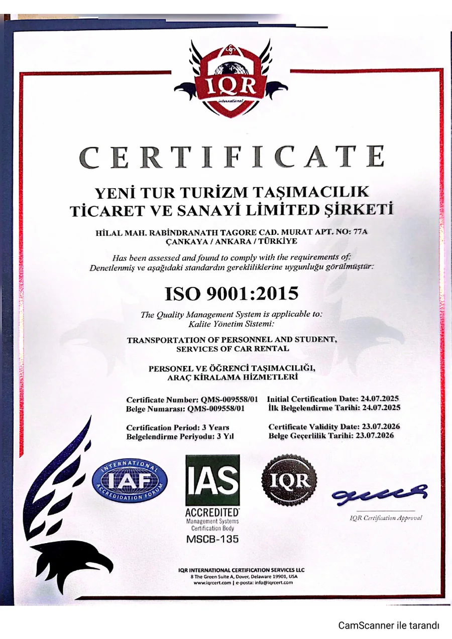 Yeni Tur ISO 9001:2015 Kalite Yönetim Sistemi belgesi