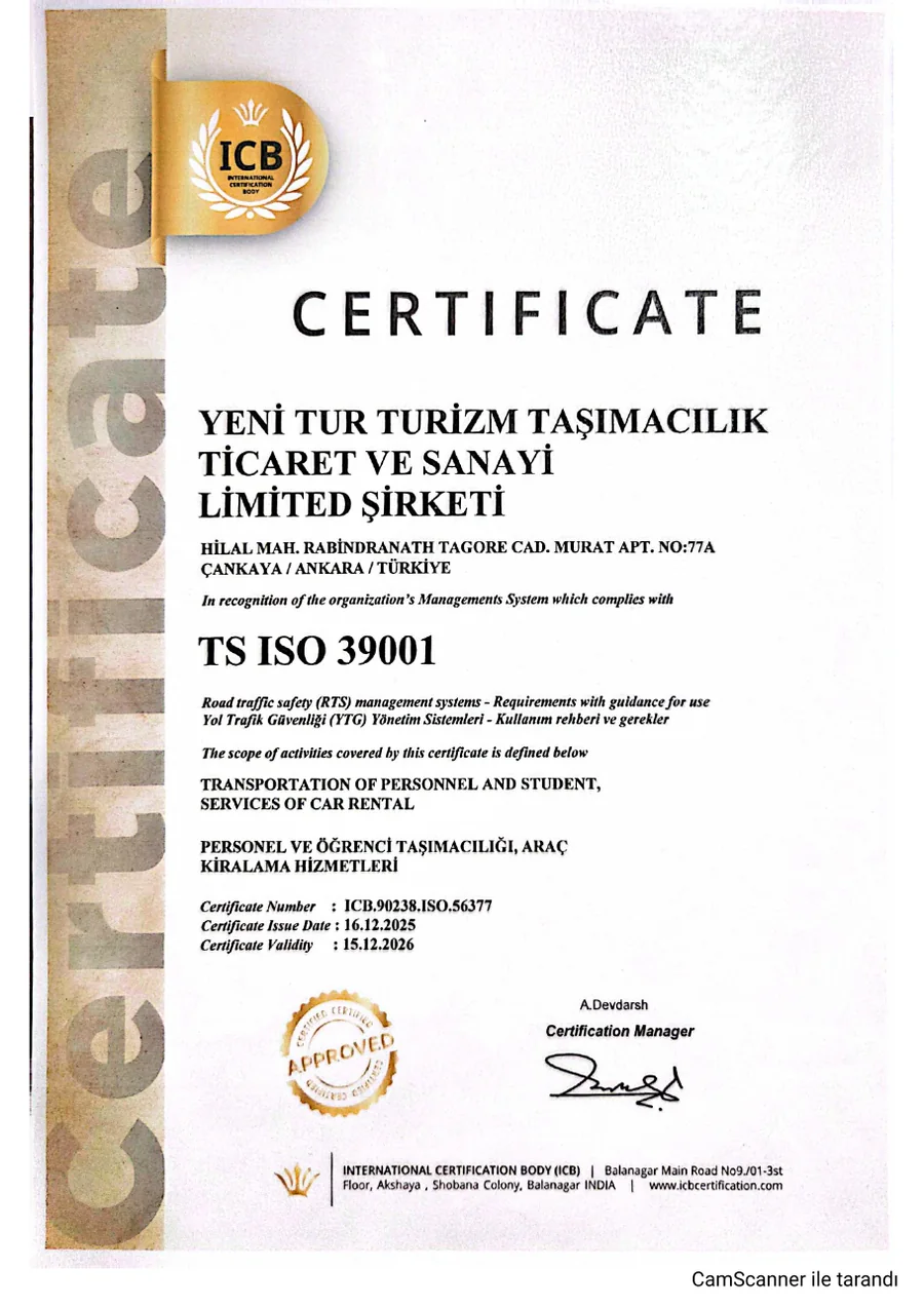 Yeni Tur TS ISO 39001 Yol Trafik Güvenliği Yönetim Sistemi belgesi